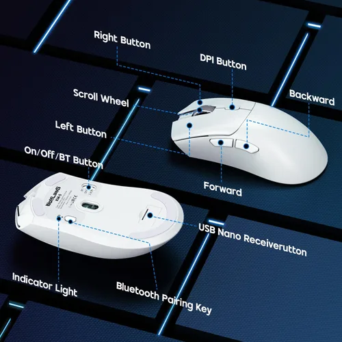 Vista 5 de Ratón para juegos, mouse inalámbrico para computadora portátil con 5 DPI ajustables, ligero, Bluetooth, 6 botones programados, mouse óptico