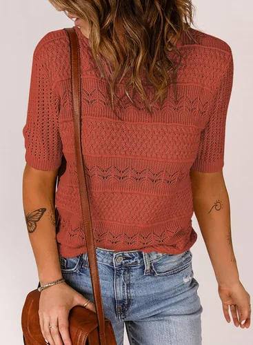 Vista 5 de Dokotoo Suéteres de manga corta para mujer, cuello redondo, suéter de punto ligero