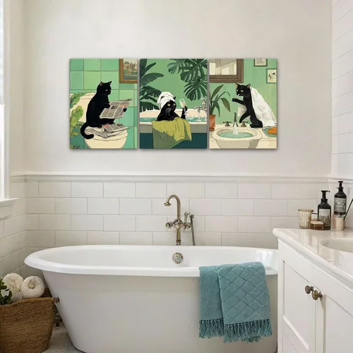 Vista 4 de Arte de Pared de Lienzo de Gato Negro Divertido para Baño, Lindo Estampado de Animales para Cuarto de Baño Inodoro Leyendo Periódico Humor