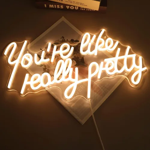 Vista 3 de Planzo Letrero de neón con texto en inglés "You're Like Really Pretty - Letrero de neón para dormitorio, boda, compromiso, despedida de soltera