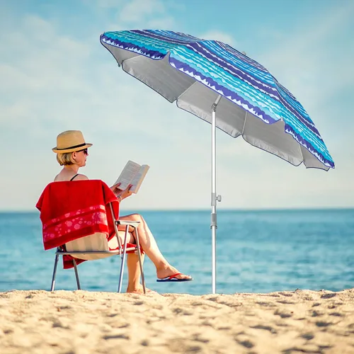 Vista 7 de Blissun Sombrilla de playa de 7.2 pies con anclaje de arena, sombrilla de playa portátil para arena con poste inclinable, bolsa de transporte