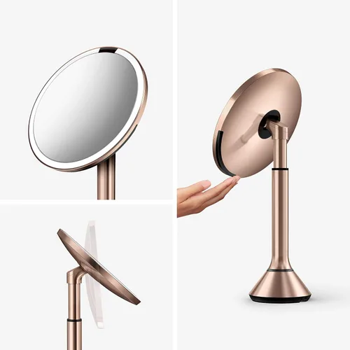 Vista 2 de simplehuman Espejo con sensor, espejo de maquillaje iluminado con aumento (5X), espejo redondo de 8 pulgadas con lupa con luces, inalámbrico, acero