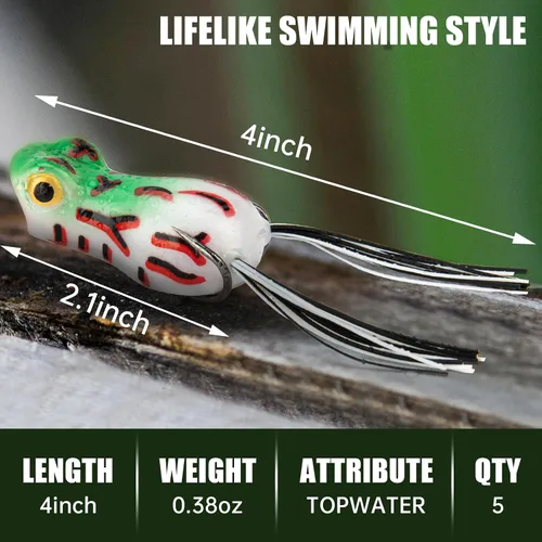Vista 3 de Syosisny Juego de 5 señuelos de rana Topwater con ganchos sin hierbas, señuelos de pesca suaves con diseño realista, perfecto para pesca de lubina