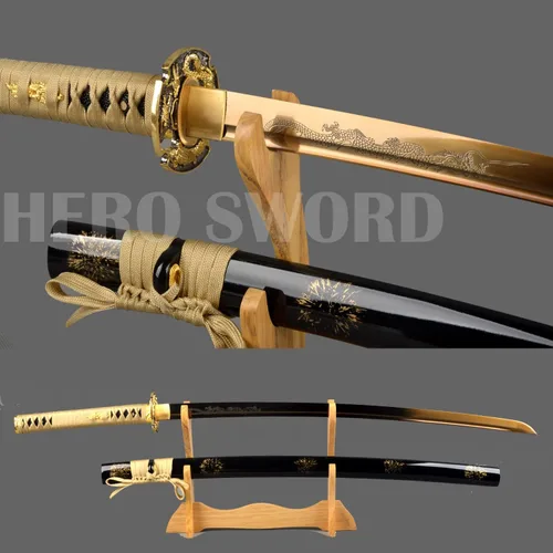 Vista 4 de Espada samurái japonesa hecha a mano con hoja de oro, grabado a mano, Katana de dragón dorado, espiga completa, afilada, puede cortar árboles