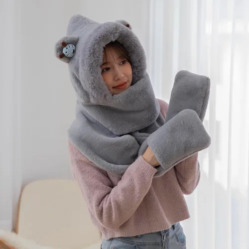 Vista 2 de Conjunto de guantes de bufanda larga con capucha para mujer, diseño de gorro, gorro y bufanda larga, para invierno, regalos de Navidad para mujeres