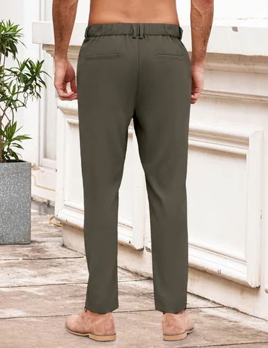 Vista 3 de COOFANDY Pantalones chinos para hombre, ajuste regular, cintura elástica, básico, plano, con cordón frontal, pantalones casuales