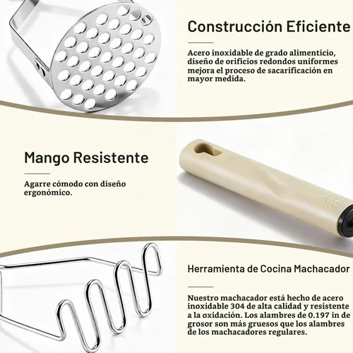 Vista 3 de Triturador de patatas de acero inoxidable, 2 piezas de puré de papas resistente, herramienta de cocina y trituradora de alimentos para papas