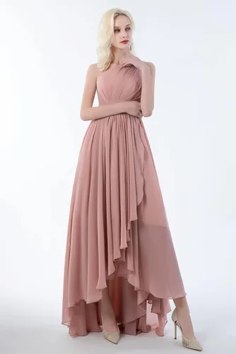 Vista 2 de DEUELANK Vestidos de dama de honor de un hombro para mujer, vestido largo de gasa alto y bajo, vestido de graduación formal con bolsillos