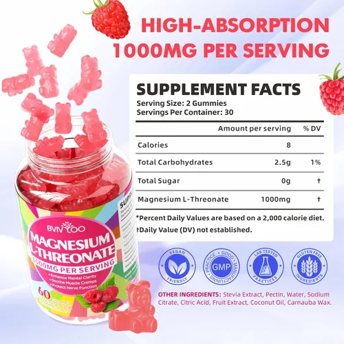 Vista 2 de Gomitas de magnesio L-treonato de 1000 mg para adultos, apoyo muscular y del sistema nervioso, vegano, sabor a frambuesa sin azúcar, 60 gomitas