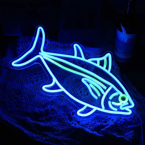 Vista 5 de Letrero de luces de neón de atún con diseño de pez azul y verde para decoración de pared, letreros LED regulables para dormitorio, sala de estar