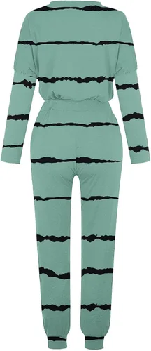 Vista 5 de Conjunto deportivo de dos piezas mujer Top de manga larga a rayas sudadera con bolsillo pantalones de gala cordón