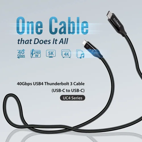 Vista 2 de Edimax Cable USB-C USB B4 Thunderbolt 3, 1.6 pies / 1.6 ft, hasta 40Gbps y 240W USB-PD, ultra duradero, unidades SSD, bases Thunderbolt, MacBook