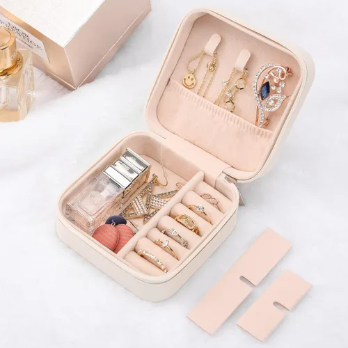 Vista 3 de XZUZ Pequeñas cajas de joyería de viaje, organizador de joyas portátil, cajas de almacenamiento para aretes, anillos, collares, cajas de joyería