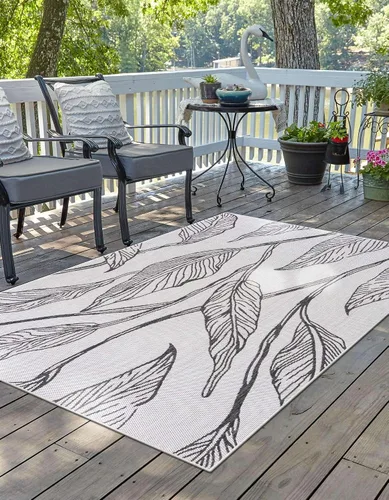 Vista 3 de Unique Loom Outdoor Botanical Collection Alfombra de área - Hoja (1.6 m x 2.4 m Rectangular, Carbón Marfil)