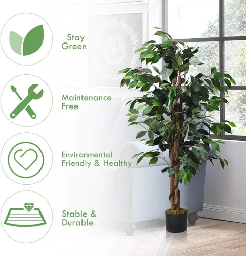 Vista 6 de Goplus Árbol de seda artificial de ficus de 4 pies, árbol falso en maceta con hojas verdes y tronco natural, sin mantenimiento, planta sintética