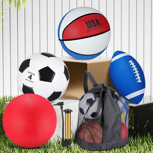 Vista 4 de Deekin Juego de 4 pelotas deportivas para niños y adolescentes, incluye tamaño oficial de baloncesto, fútbol, fútbol, patio de recreo, pelota