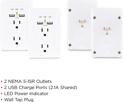 Vista 5 de CyberPower MP18HO007 Power Wall Tap, 2 tomacorrientes, 2 puertos de carga USB, paquete de 2 2 tomacorrientes, 2 puertos de carga USB, paquete de 2