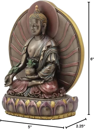 Vista 7 de Ebros Gift Budismo Bhaisajyaguru Medicina Buda meditando en Padma Lotus Trono Estatua de 6 pulgadas de alto Escultura Bodhisattva Rey de Lapislázuli
