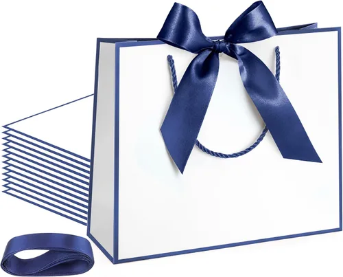 Vista 13 de Silkfly 12 bolsas de regalo con asas para dama de honor, 12 x 10 x 4 pulgadas, elegantes bolsas de regalo de bienvenida de boda con lazo para Negro