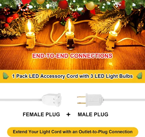 Vista 2 de Paquete de 1 cable de accesorio con 3 bombillas LED y toma de corriente de luz de pueblo de Navidad, cable de luz de molde de soplado de 7.4 pies