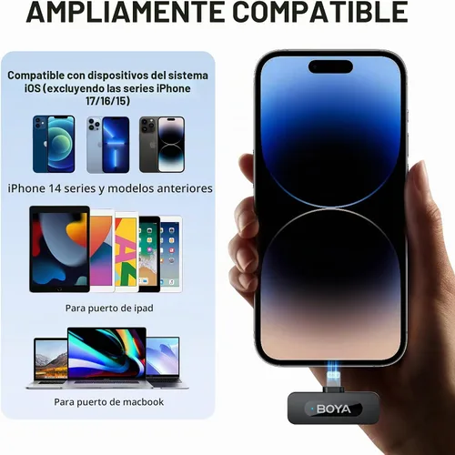 Vista 6 de BOYA by-V1 Micrófonos inalámbricos para iPhone iPad con puerto Lightning certificado MFi, rango de 328 pies, vida de batería de 9H, reducción