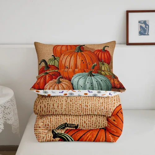 Vista 5 de Juego de edredón de calabaza para niños, edredón acolchado de calabazas de dibujos animados, tamaño individual, juego de ropa de cama a cuadros