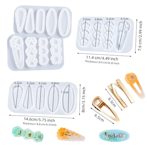 Vista 3 de Kit de 12 pinzas para el cabello Shaker - Horquilla de arena movediza moldes de resina epoxi pasadores de pelo de pata de gato, pinzas de silicona