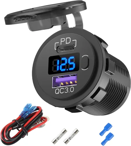 Vista 7 de Enchufe de cargador de automóvil de aluminio USB C de 12V, salida de 12 voltios, PD 20W y carga rápida 3.0 18W, puerto USB de automóvil impermeable