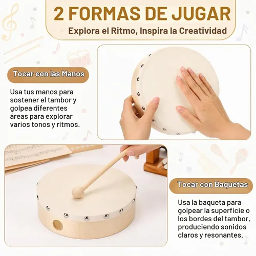 Vista 3 de Foraineam 3 Pack 8 Pulgadas de Tambor de Mano con Cabezal de Piel de Cabra, Marco de Madera con Baqueta