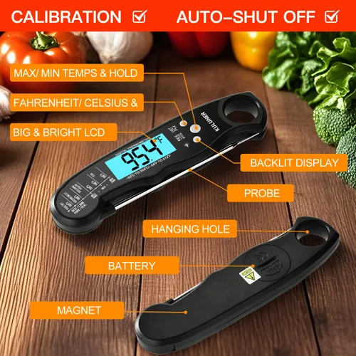Vista 4 de KULUNERKULUNER - Termómetro digital impermeable de lectura instantánea de carne con sonda plegable de 4.6 pulgadas