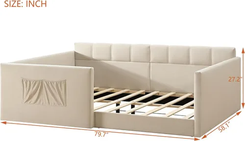 Vista 2 de RUNNA Full Size Daybed Velvet Upholstered Sofa Bed with High Side Panels and Side Entrance,Space-Saving Guest Bed with Storage Pockets (Beige#08)