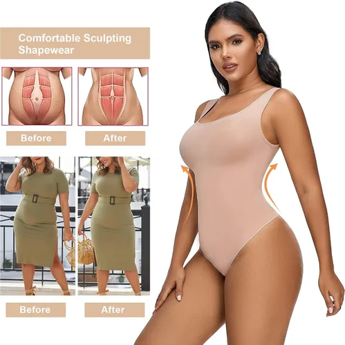 Vista 5 de SHAPERX Body para mujer con control de abdomen, faja moldeadora de cuello redondo, tanga, moldeadora de cuerpo, camiseta sin mangas