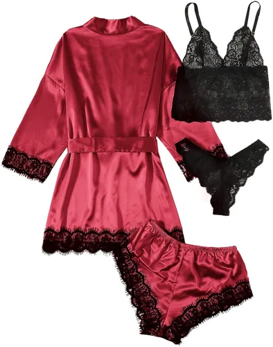 Vista 2 de SOLY HUX Conjunto de pijama de satén para mujer, 4 piezas, encaje floral, camisola, ropa de dormir con bata