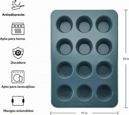 Vista 2 de KitchenAid Molde antiadherente de acero aluminizado, apto para lavavajillas, agave, 12 tazas