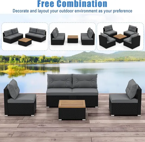 Vista 7 de RELAX4LIFE Muebles de mimbre para exteriores de 5 piezas, juego de conversación seccional de ratán PE con 4 sofás sin brazos y mesa de centro de Gris