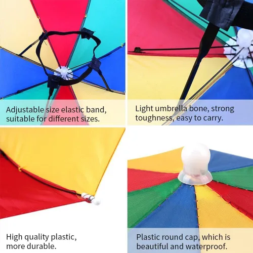 Vista 4 de Sombrero de paraguas para adultos y niños, protección contra la lluvia y el sol manos libres, diseño colorido de arco iris para pesca, senderismo