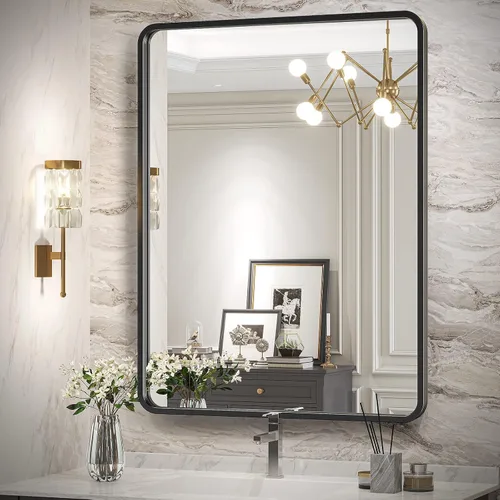 Vista 12 de Brightify - Espejo rectangular para pared de baño de 24x30 pulgadas con marco de metal negro, espejo moderno de tocador para baño, montaje vertical