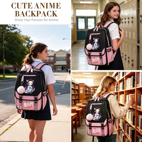 Vista 7 de Mochila de anime para niñas con puerto de carga USB 20L, mochila escolar para adolescentes, mochila grande para computadora portátil para viajes uso