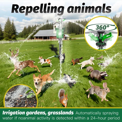 Vista 4 de Repelente de animales activado por movimiento con rociador de agua y luz intermitente, repelente de ciervos y gatos de energía solar, disuasorio