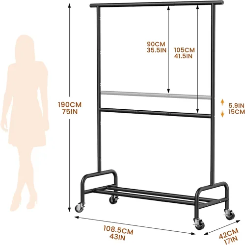 Vista 2 de Abiglifty Perchero con ruedas de 2 niveles, perchero resistente con ruedas, capacidad de 150 libras, 43 pulgadas de ancho x 17 pulgadas de Negro