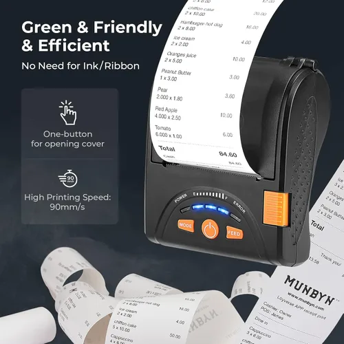 Vista 4 de MUNBYN Impresora de Recibos Bluetooth, Impresora Térmica Inalámbrica Mini de 58 mm POS para Restaurante, Portátil para Android/Windows