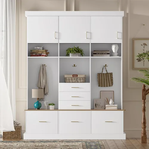 Vista 10 de JIVOIT Farmhouse Wood Hall Tree with Coat Hooks, Cabinets, 4 Drawers, Hooks (Ancient White/ 091)