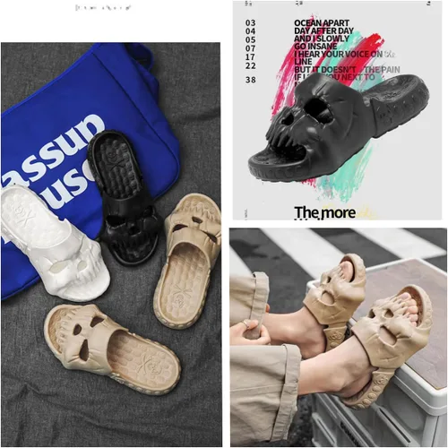 Vista 6 de Sandalias de baño unisex con diseño de calavera de una sola banda, sandalias de ducha antideslizantes de verano 2023 con suela gruesa