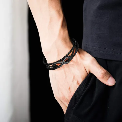 Vista 2 de Eymi Pulsera de cuero unisex con signo de infinito simbólico de amor trenzado