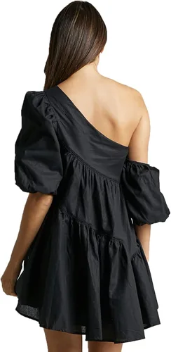 Vista 3 de Vestido corto de manga abombada para mujer, con un hombro descubierto, dobladillo fruncido con volantes, ribete asimétrico, vestido casual bohemio