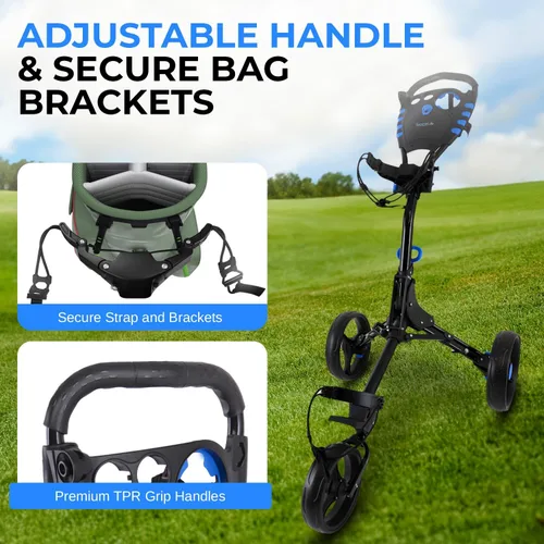 Vista 3 de SereneLife Carrito de empuje de golf de 3 ruedas - Plegable, mango Azul medianoche
