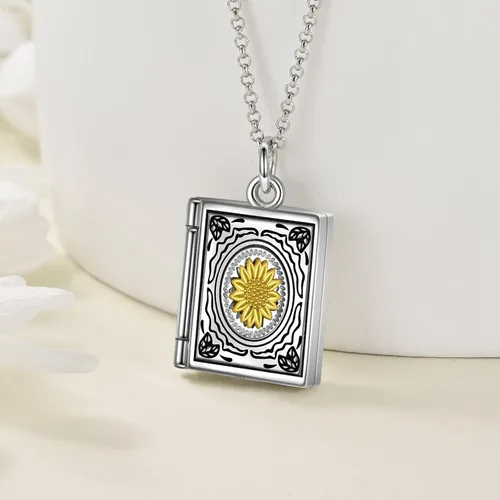 Vista 2 de YFN Collar con medallón fotográfico de plata de ley 925, collar de libro que sostiene fotos, regalos de cumpleaños para mujeres y madres