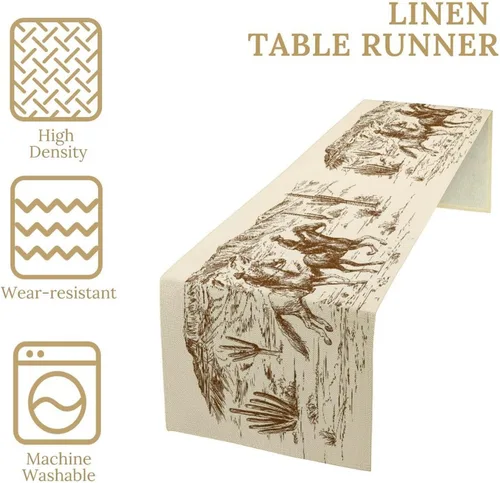 Vista 3 de Camino de mesa de lino de algodón, cuchillo de cocina occidental, tenedor, colección de mesa rectangular, desierto salvaje oeste americano