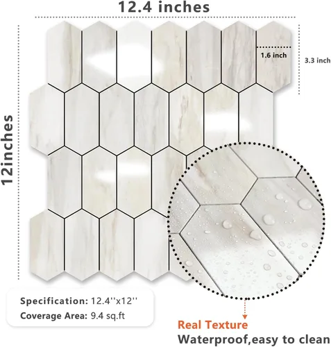 Vista 3 de Vamos Tile - Azulejo de salpicaduras de pelar y pegar hexagonal largo para cocina y baño - 1 hoja de adhesivo para salpicaduras en la pared de 12.4