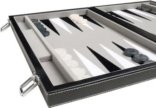 Vista 2 de Juego de backgammon de viaje, cuero sintético, campo de juego de terciopelo, 15 pulgadas, negro/gris